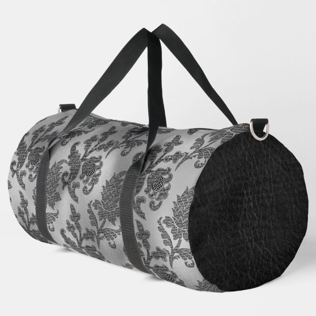 SAC DE SPORT MOTIFS FLORAUX NOIRS ET ARGENT (Coin gauche)