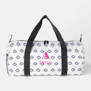 Sac De Sport Nom de monogramme floral bleu personnalisé rose