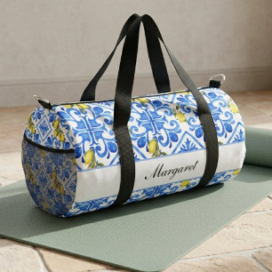 Sac De Sport Nom Monogramme Aquarelle Citron Jaune Carreau Bleu