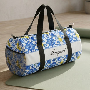 Sac De Sport Nom Monogramme Aquarelle Citron Jaune Carreau Bleu