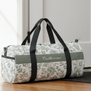 Sac De Sport Nom Monogramme Toile Vintage Florale Vert Sauge