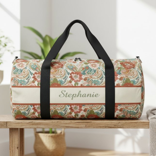 Sac De Sport Paisley Floral Gym Bag - Custom Name Duffle (Floral paisley personalized gym bag)