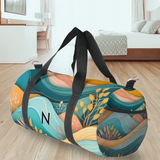 Sac De Sport Paysage Super rétro Monogramme élégant (An elegant monogrammed duffel bag, with groovy retro landscape picture in yellow, teal and peach)