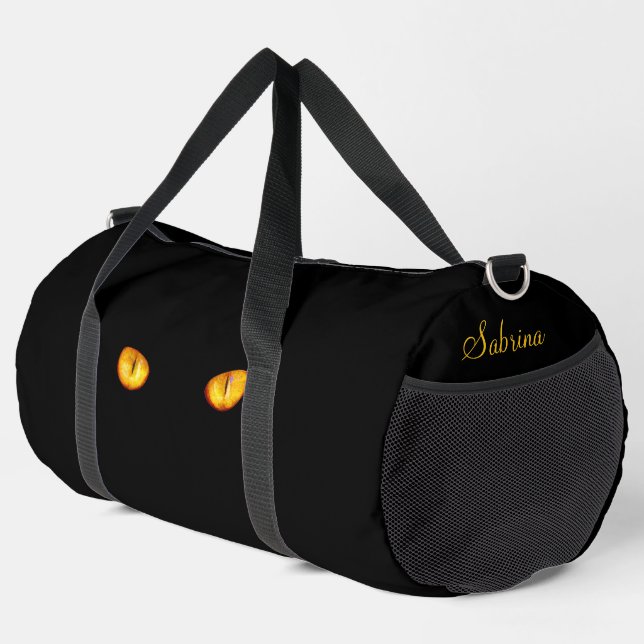 Sac De Sport Piercing Stare Golden Eyes Chat noir avec nom (Coin droit)