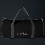 Sac De Sport Style moderne minimaliste Nom de script noir<br><div class="desc">Un simple stylo minimaliste nom grand sac duffle pour le voyage ou la salle de sport. Blanc sur noir.</div>
