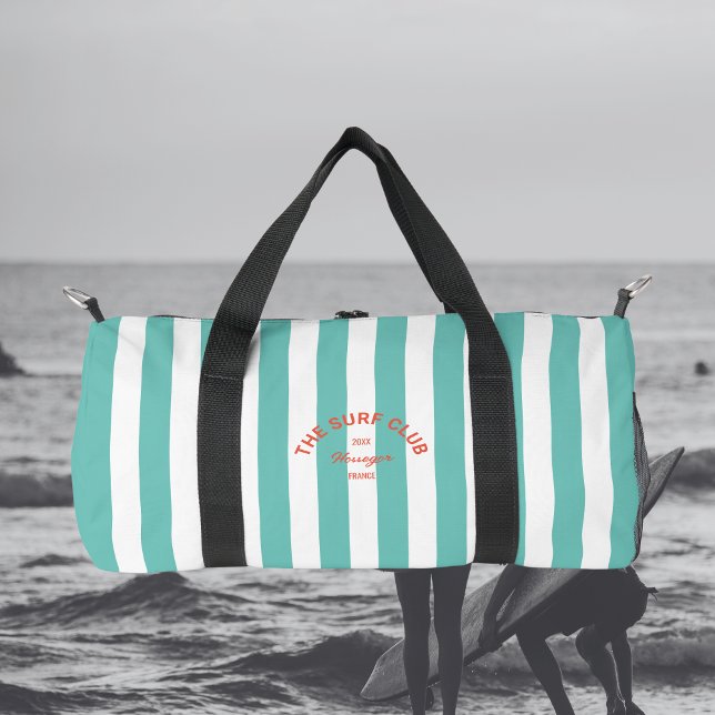 Sac De Sport Surf Club Crest Turquoise Cabana Stripe Monogramme (Créateur téléchargé)