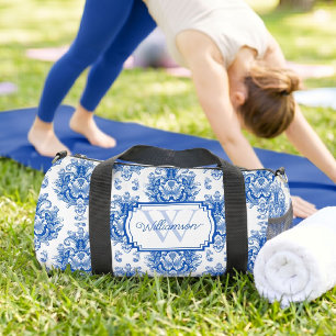 Sac De Sport Toile de Jouy Bleue Motif Damassé Nom Monogramme