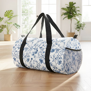 Sac De Sport Toile de Jouy Florale Élégante Bleue et Blanche de