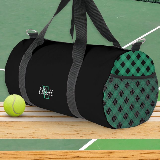 Sac De Sport Vert et noir Buffalo Plaid Monogrammé (An elegant duffel bag with monogram, color block black, and green buffalo plaid)