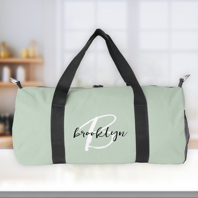 Sac De Sport Vert sauge tendance monogramme script noir et blan (Créateur téléchargé)