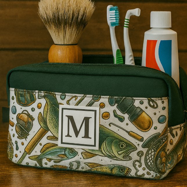 Sac de toilette de voyage à monogramme pour pêcheu (Travel size toiletry bag for men with fishing print and monogram. Great gift idea )