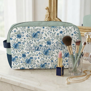 Sac de toilette floral bleu chic et vert sauge