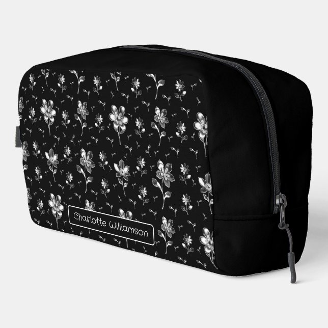 Sac de toilette Floral Noir Et Silver Nom (Coin droit)