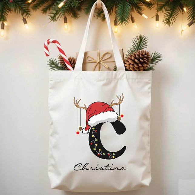 Sac de vacances à monogramme pour cadeaux de Noël  (Santa Claus tote, personalized Christmas gift, family holiday tote, Christmas initial tote,)