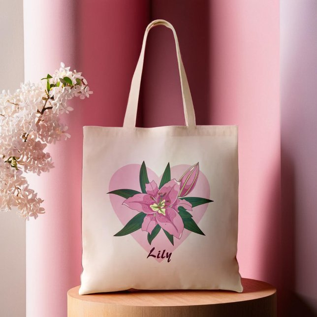 Sac d'épicerie Coeur Douce Rose Fleurissant (Pink Blooming Lily Sweet Heart Grocery Bag)