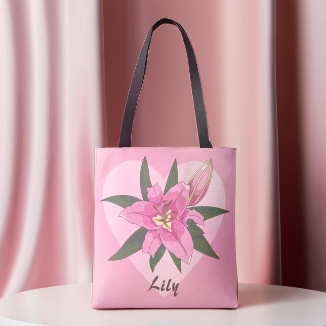 Sac d'épicerie Coeur Douce Rose Fleurissant (Pink Blooming Lily Sweet Heart Grocery Bag)
