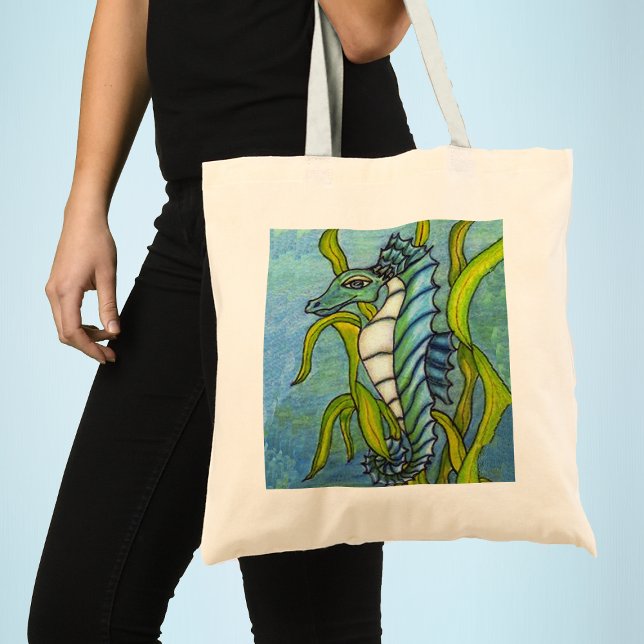 Sac Dragon de Cheval de Mer Magique (Fantasy aqua blue seahorse tangled in green seaweed on on a tote bag
)