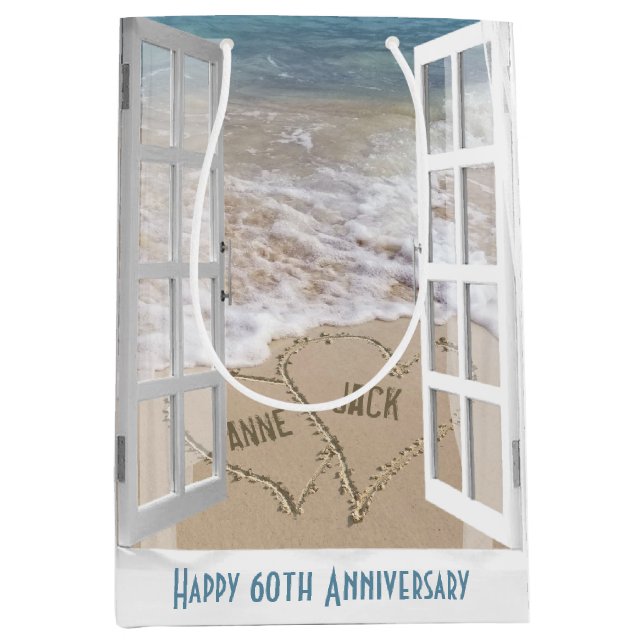 Sac en cadeau moyen Cœurs de plage 60e anniversair (Devant)