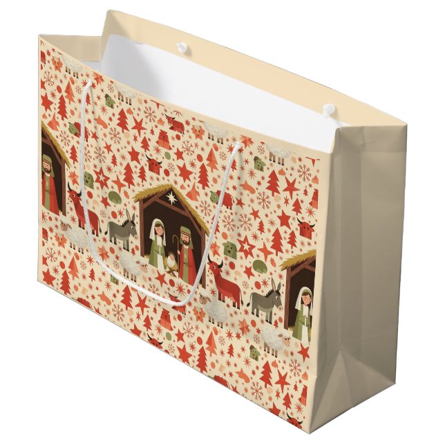 Sac en papier Noël Scène de Nativité Rustique (Devant Angle)