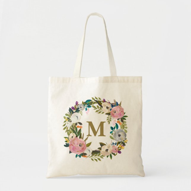 Sac en toile Monogramme personnalisé à la florale  (Devant)