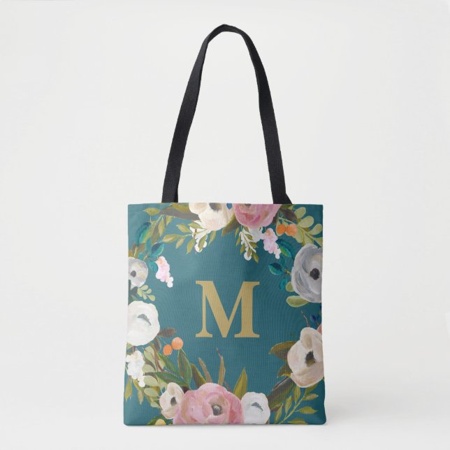 Sac en toile Monogramme personnalisé à la florale  (Devant)