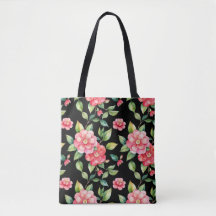 Sac en toile noir Camélia peint à la main