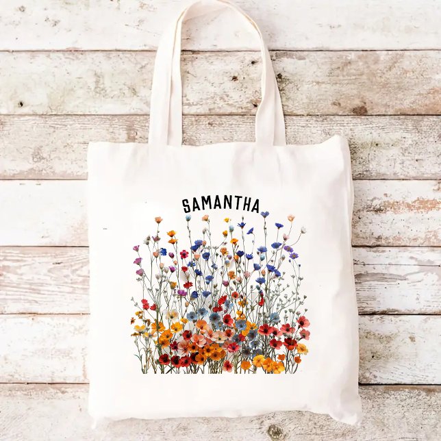 Sac Fleurs sauvages personnalisé, Cadeau d'anniver (Gift for mom, Tote bag for mom, mom gift, mothers day gift, grandma gift, mom birthday gift)