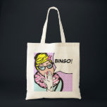 Sac fourre-tout à BINGO-TEST<br><div class="desc">BINGO-TEST ! BINGO-TEST ! Ce sac fourre-tout à BINGO-TEST inspiré par bande dessinée est sûr d'apporter un sourire au visage de n'importe quel amant de bingo-test. Les caractéristiques de conception une femme délicieusement originale avec les cheveux blonds empilés sur sa tête portant un arc rose, verres de chat-oeil, un collier...</div>