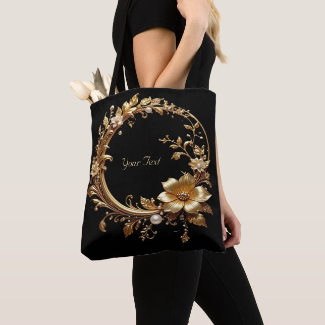 Sac fourre-tout à cadre orné de fleurs dorées (De près)