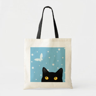Sac fourre-tout à chat noir et à papillon de neige
