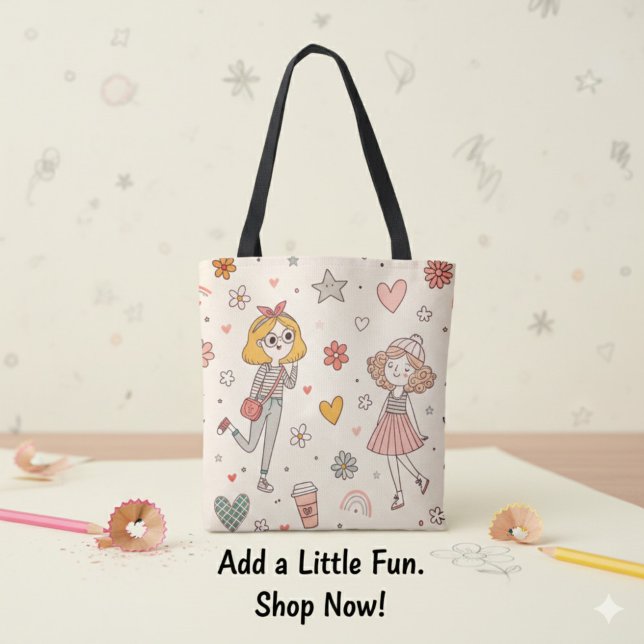 Sac fourre-tout à impression totale de filles grib (Cute Doodle Girls Full-Print Tote Bag)