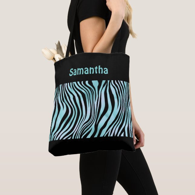 Sac fourre-tout à impression zèbre turquoise et no (De près)
