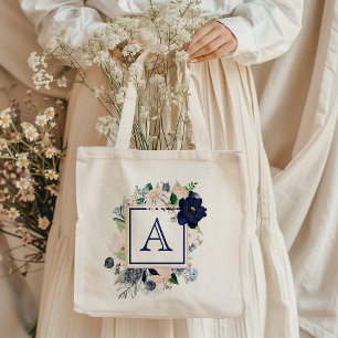Sac fourre-tout à monogramme de rose florale bleue