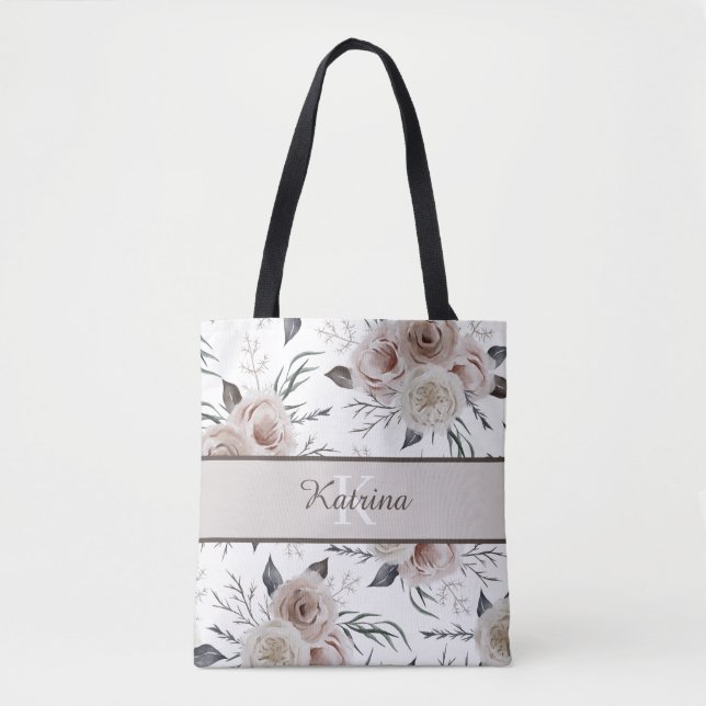 Sac fourre-tout à monogramme et rose aquarelle (Devant)