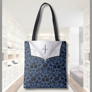 Sac fourre-tout à monogramme floral bleu élégant