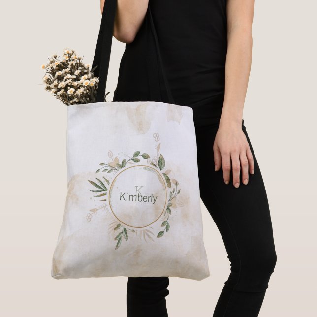 Sac fourre-tout à monogramme initial floral vert s (De près)