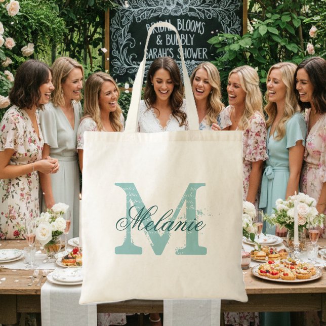 Sac fourre-tout à monogramme personnalisé | Turquo (Elegant tote bag with teal blue typography)