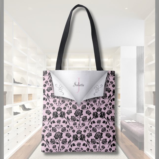 Sac fourre-tout à monogramme rose et noir élégant (Elegant Pink and Black Rose Monogram Name Tote Bag)