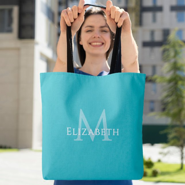 Sac fourre-tout à monogramme sarcelle moderne avec (Teal Monogram Modern Name Initial Tote)