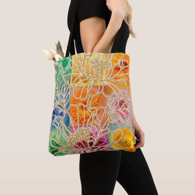 Sac fourre-tout à mosaïque florale dorée (De près)
