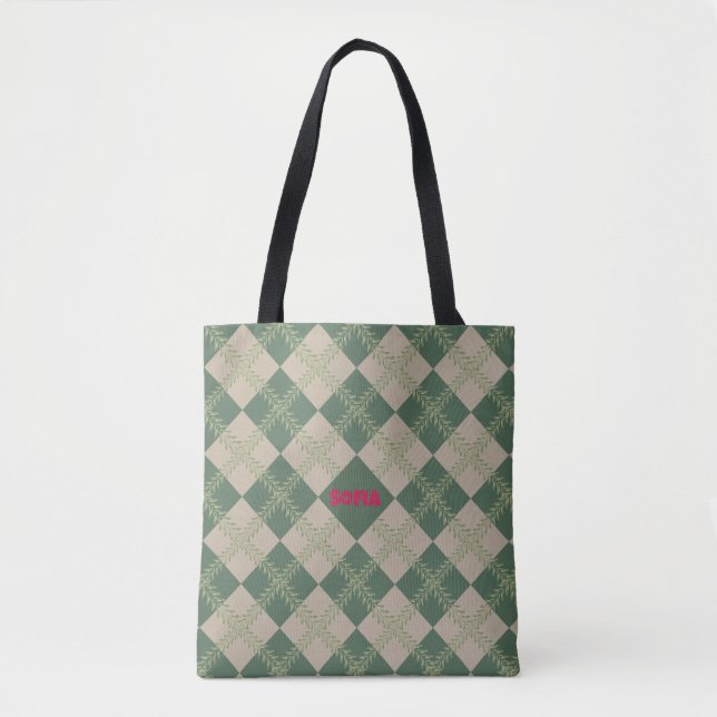 Sac fourre-tout à motif Argyle vert rouge avec nom (Devant)