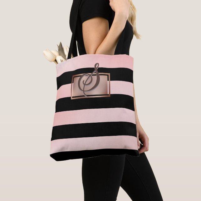 Sac fourre-tout à rayures dorées rose chic monogra (De près)