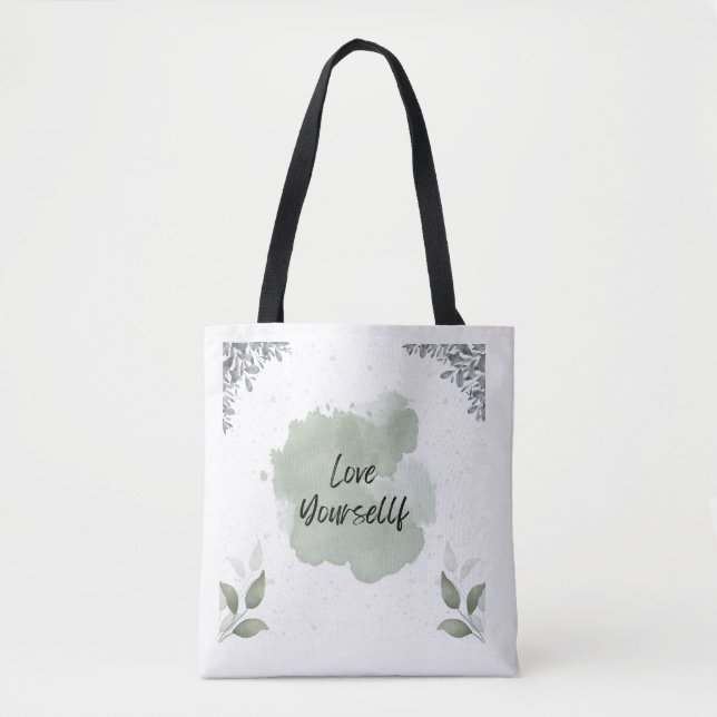 Sac fourre-tout aquarelle feuilles vertes et blanc (Devant)