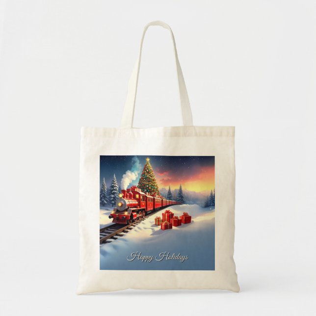 Sac fourre-tout arbre de Noël train rouge vacances (Devant)