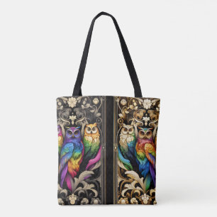 Sac fourre-tout Art déco aux hiboux arc-en-ciel