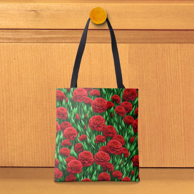 Sac fourre-tout aux œillets rouges (Tote bag with red carnations)