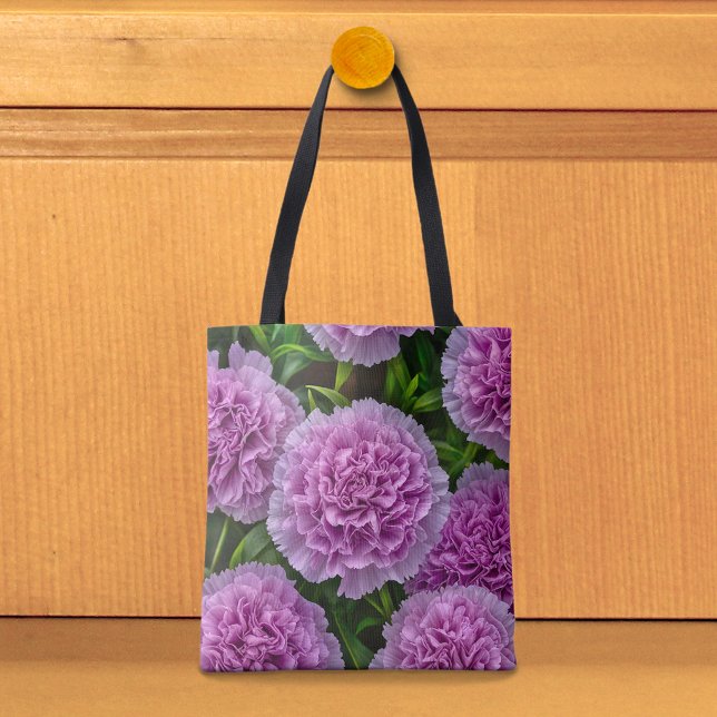 Sac fourre-tout aux œillets violet pâle (Tote bag with pale purple carnations)