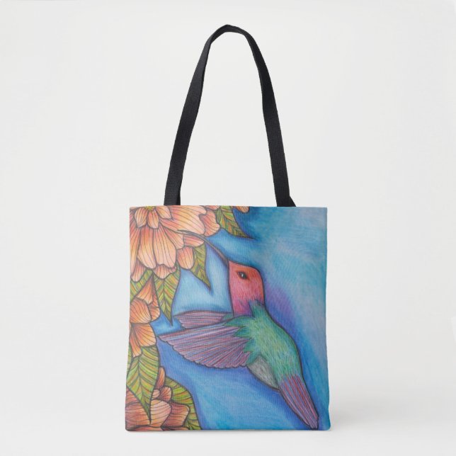Sac fourre-tout avec colibri et fleurs crayon d'ar (Devant)