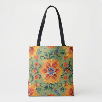 Sac fourre-tout avec fleurs orange sur sauge vert