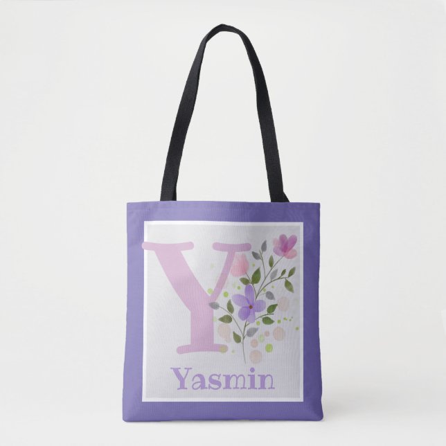 Sac fourre-tout avec initiale et nom avec des fleu (Devant)